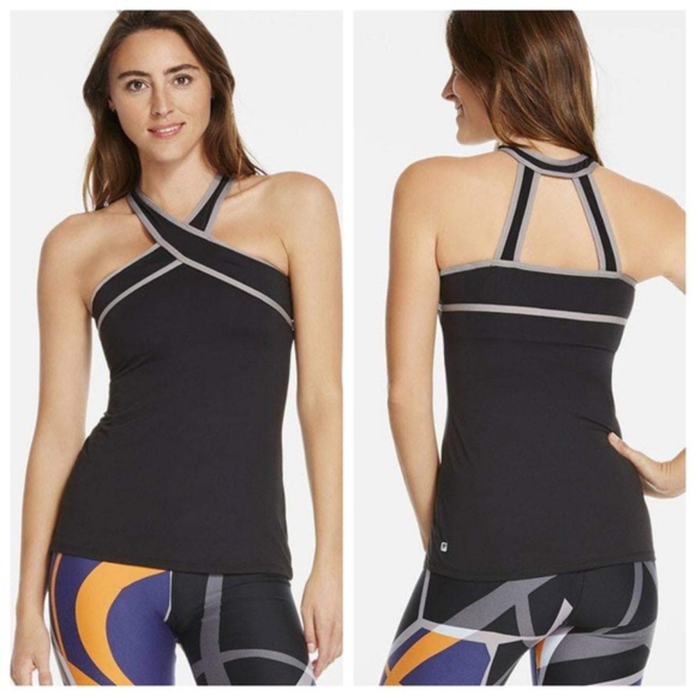 Fabletics Black and Gray Asymmetrical Fitted Tank Top